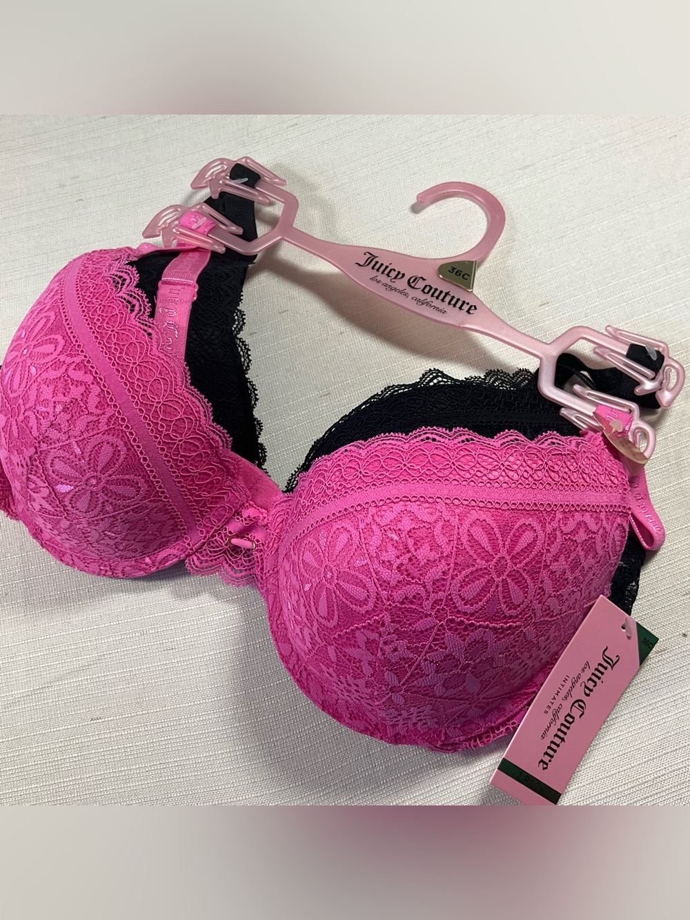 NWT JUICY COUTURE 2pc Sexy Push Up Hot Pink & Black Floral Lace Bra Set Size 36C